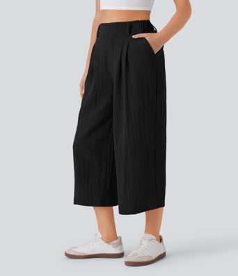 High Waisted Pocket Wide Leg Flowy Solid Palazzo Capri Casual Linen-Feel Pants