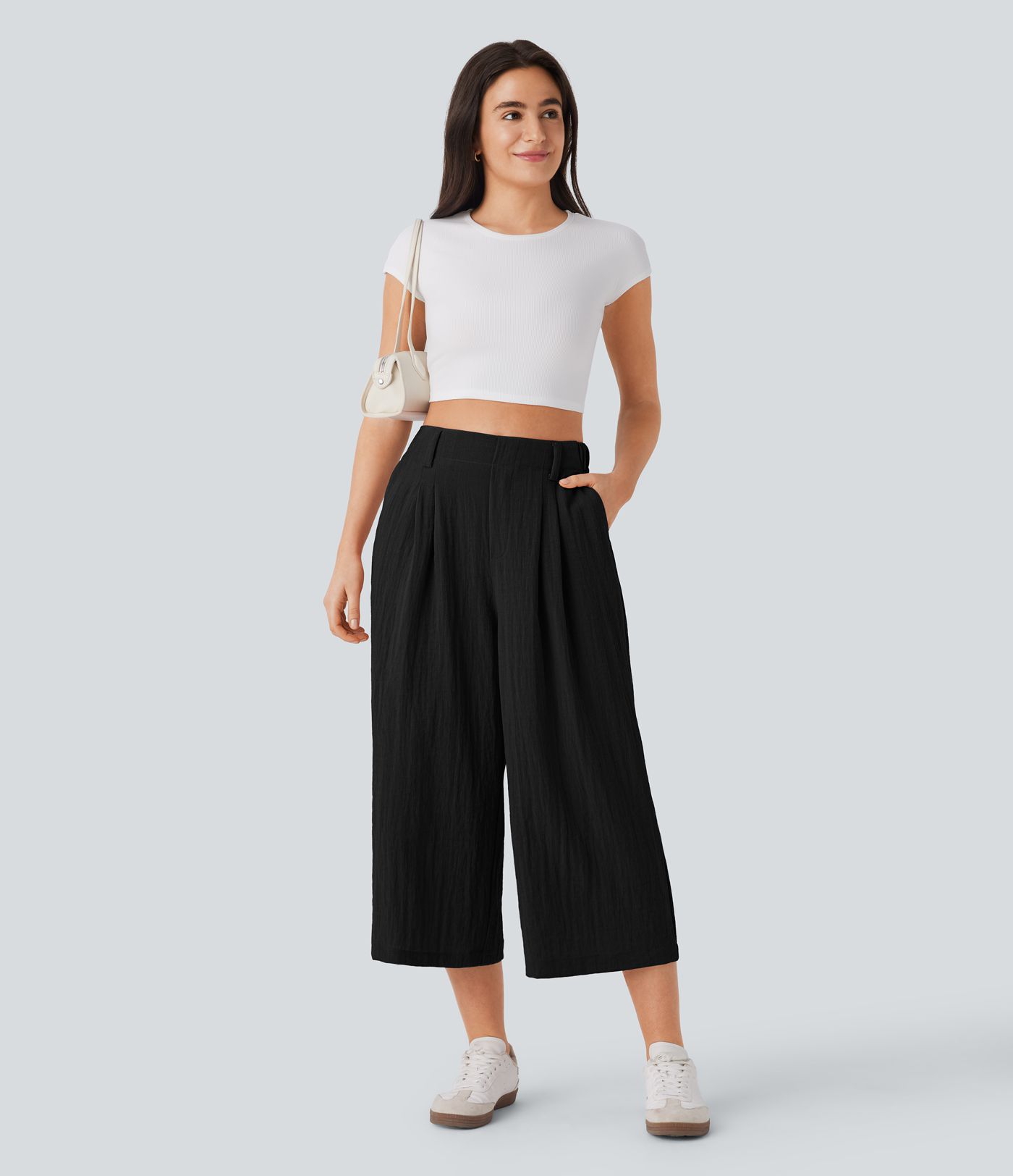 High Waisted Pocket Wide Leg Flowy Solid Palazzo Capri Casual Linen-Feel Pants