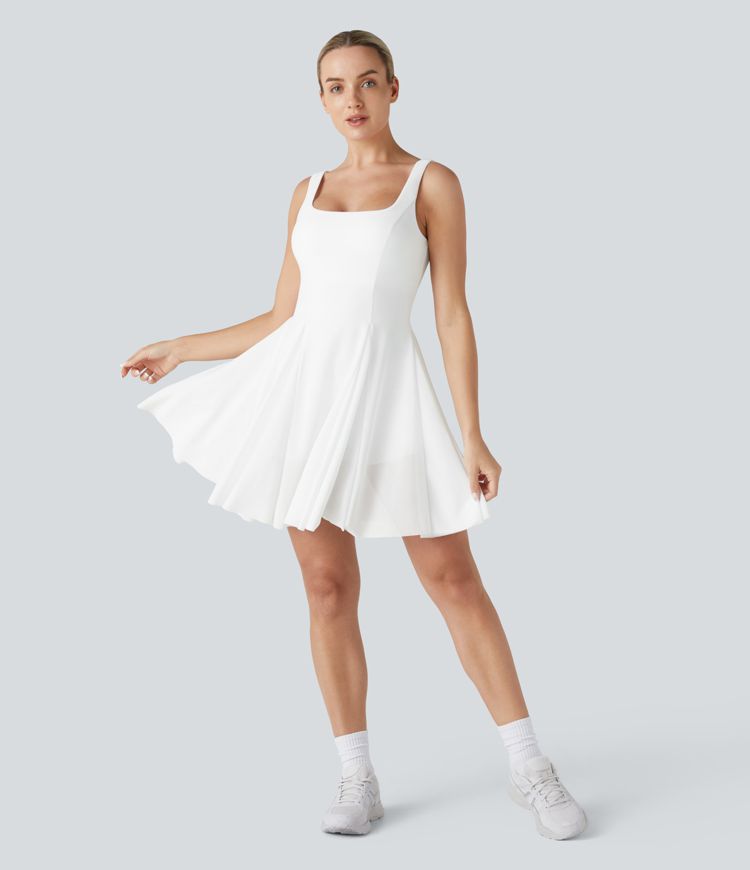 Softlyzero™ Airy Square Neck Backless Contrast Mesh 2-in-1 Side Pocket Cool Touch Flare Mini Active Dress