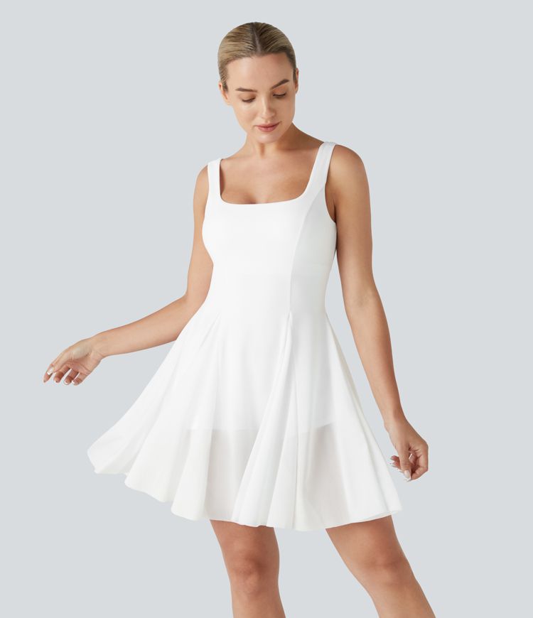 Minivestido Softlyzero™ Airy activo cuello cuadrado sin espalda malla contrastante 2 en 1 bolsillo lateral tacto fresco Flare