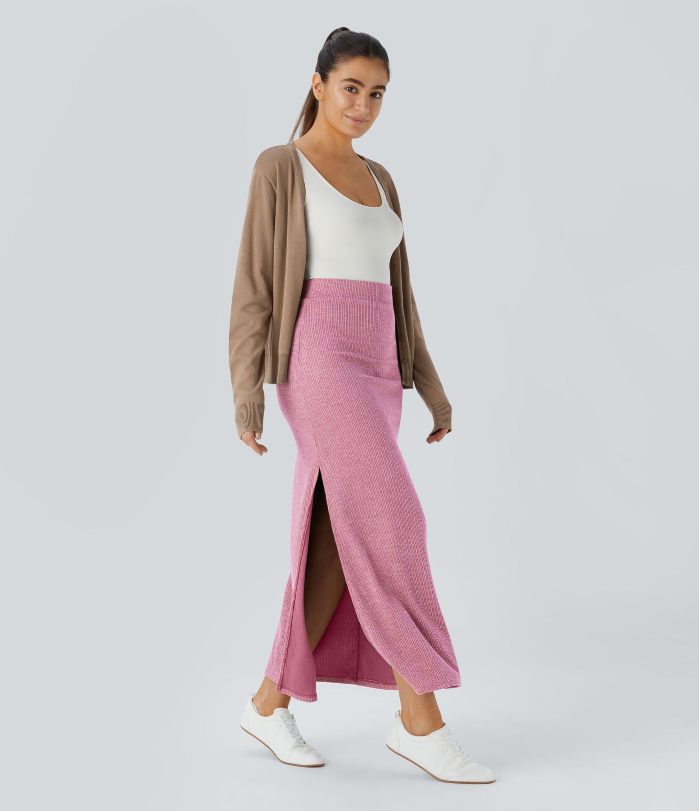 Ribbed High Waisted Hem A Line Maxi Casual Skirt