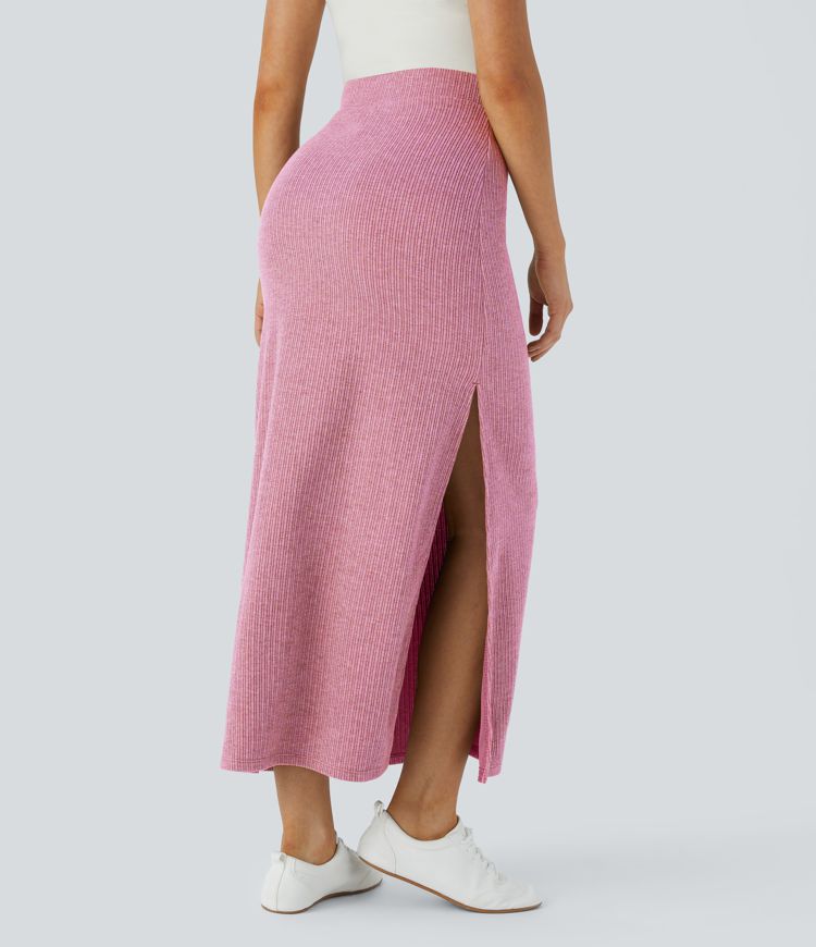 Ribbed High Waisted Split Hem A Line Maxi Casual Skirt