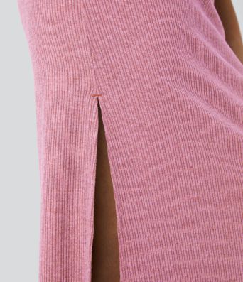 Ribbed High Waisted Hem A Line Maxi Casual Skirt