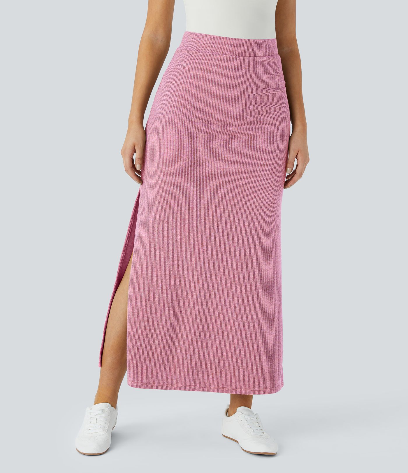 Ribbed High Waisted Hem A Line Maxi Casual Skirt