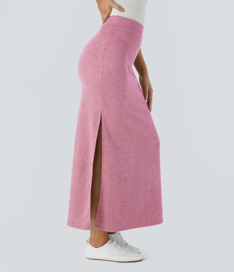 Ribbed High Waisted Split Hem A Line Maxi Casual Skirt