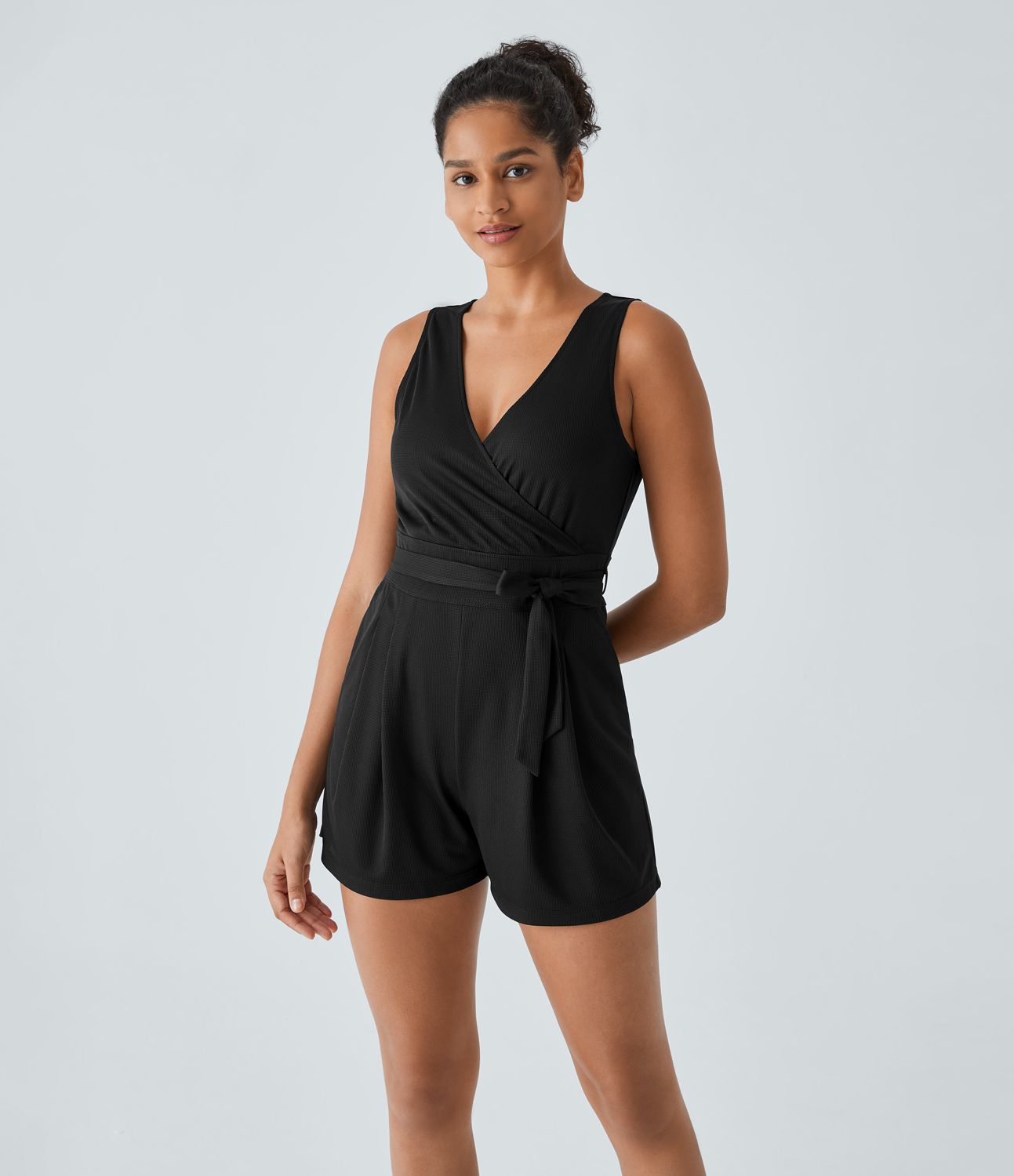 V-neck invisible zipper belt side pockets waffle casual jumpsuit