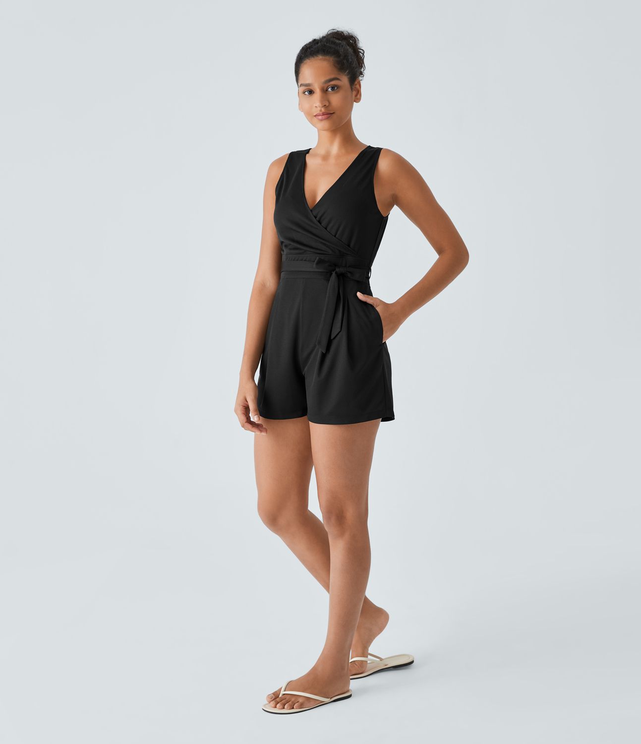 V-neck invisible zipper belt side pockets waffle casual jumpsuit