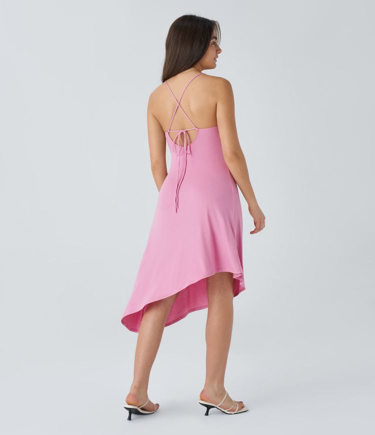 Live cow neckline backless crisscross strap asymmetric hem midi party dress