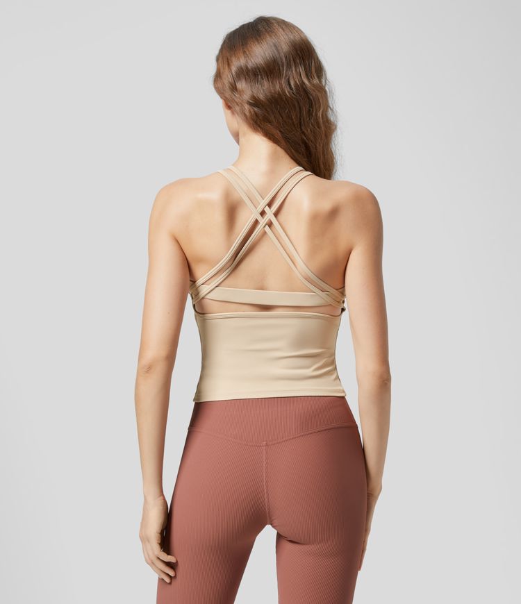 Women’s Round Neck Backless Crisscross Cut Out Double Straps Yoga Tank