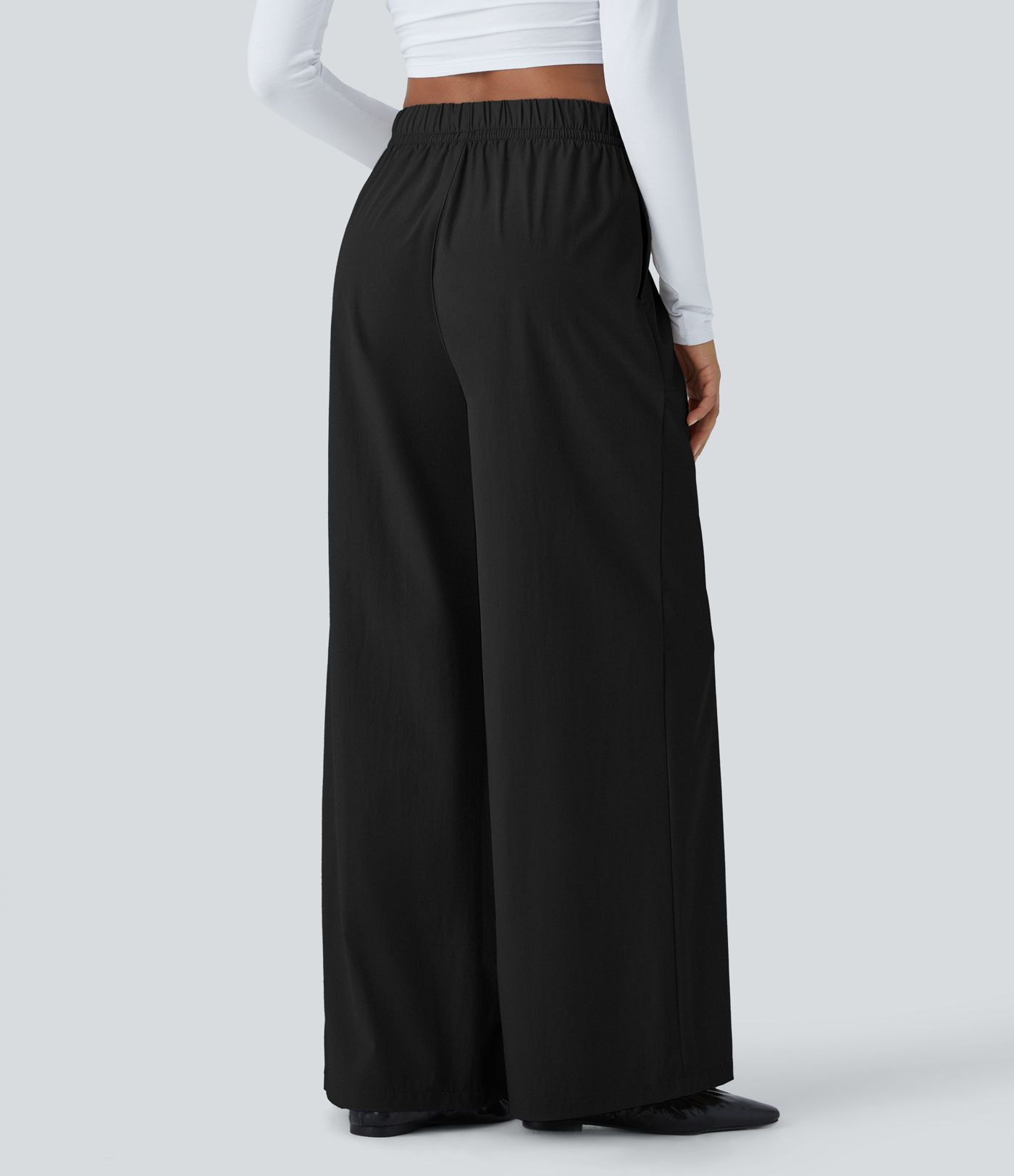 Water Repellent High Waisted Drawstring Side Pocket Wide Leg Work Trousers