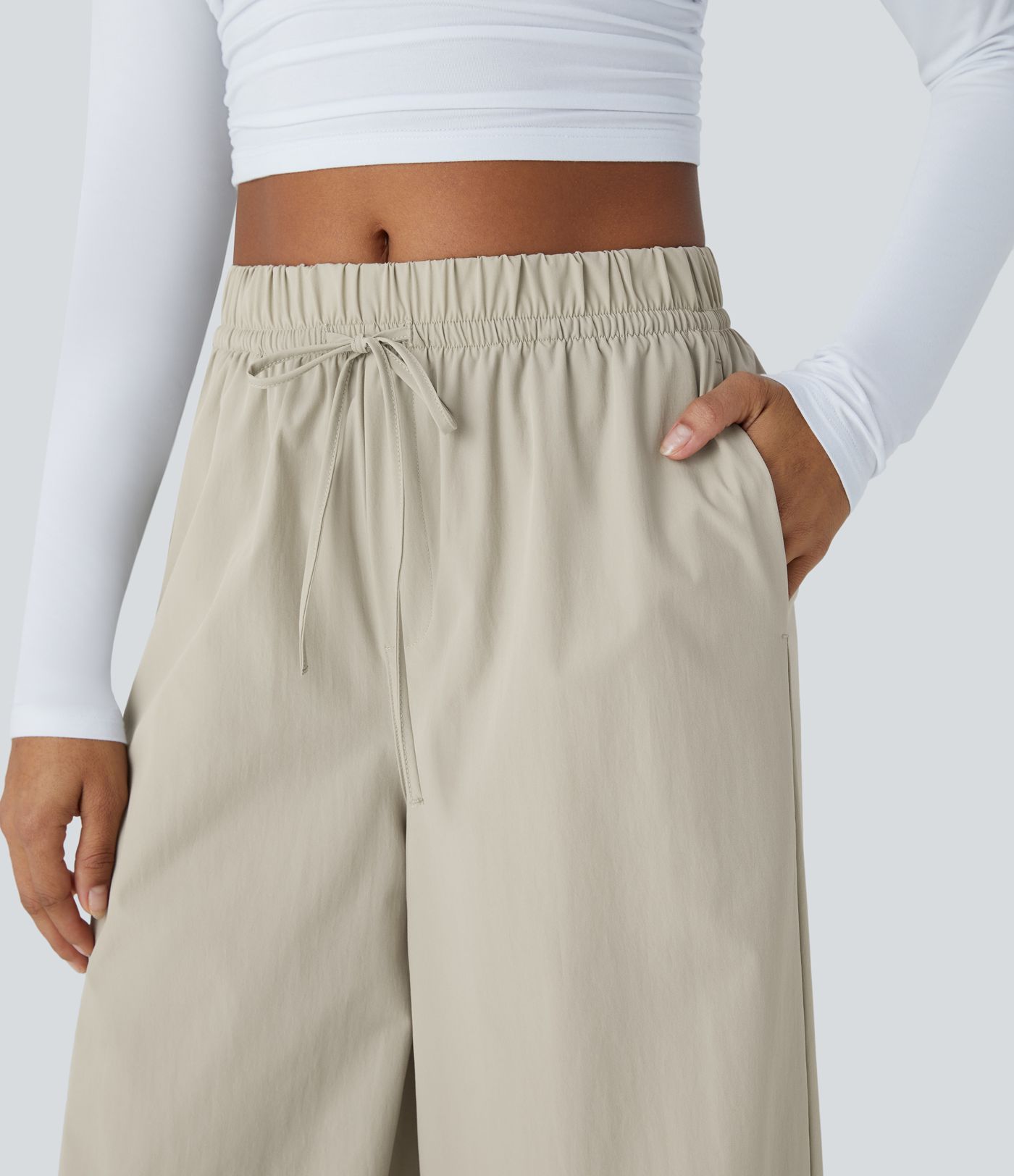 Water Repellent High Waisted Drawstring Side Pocket Wide Leg Work Trousers