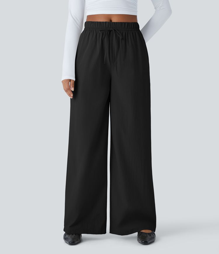 Water Repellent High Waisted Drawstring Side Pocket Wide Leg Work Trousers