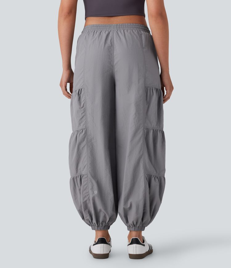 Mid Rise Drawstring Side Pocket Ruched Parachute Casual Cargo Joggers