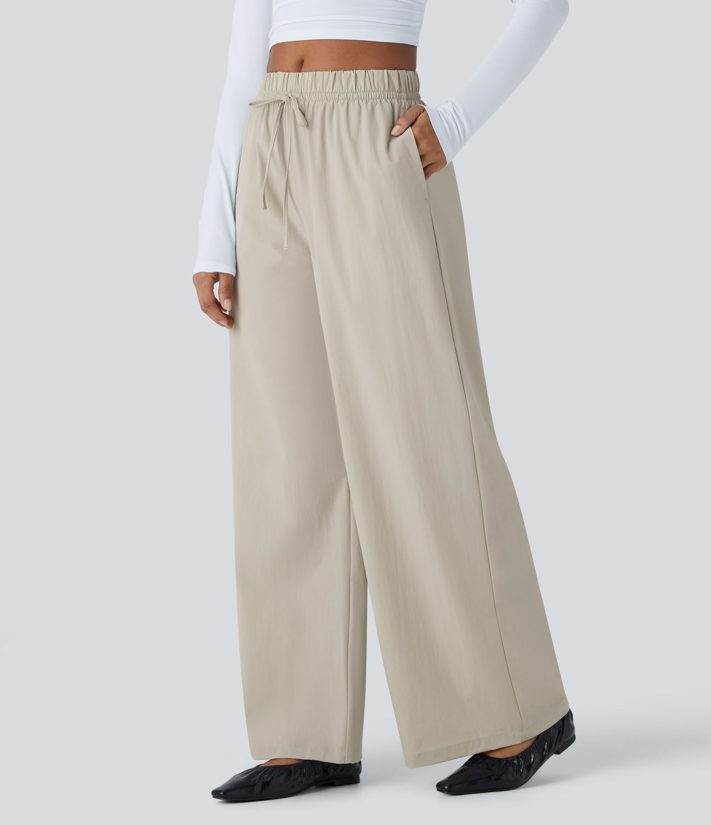 Water Repellent High Waisted Drawstring Side Pocket Wide Leg Work Trousers