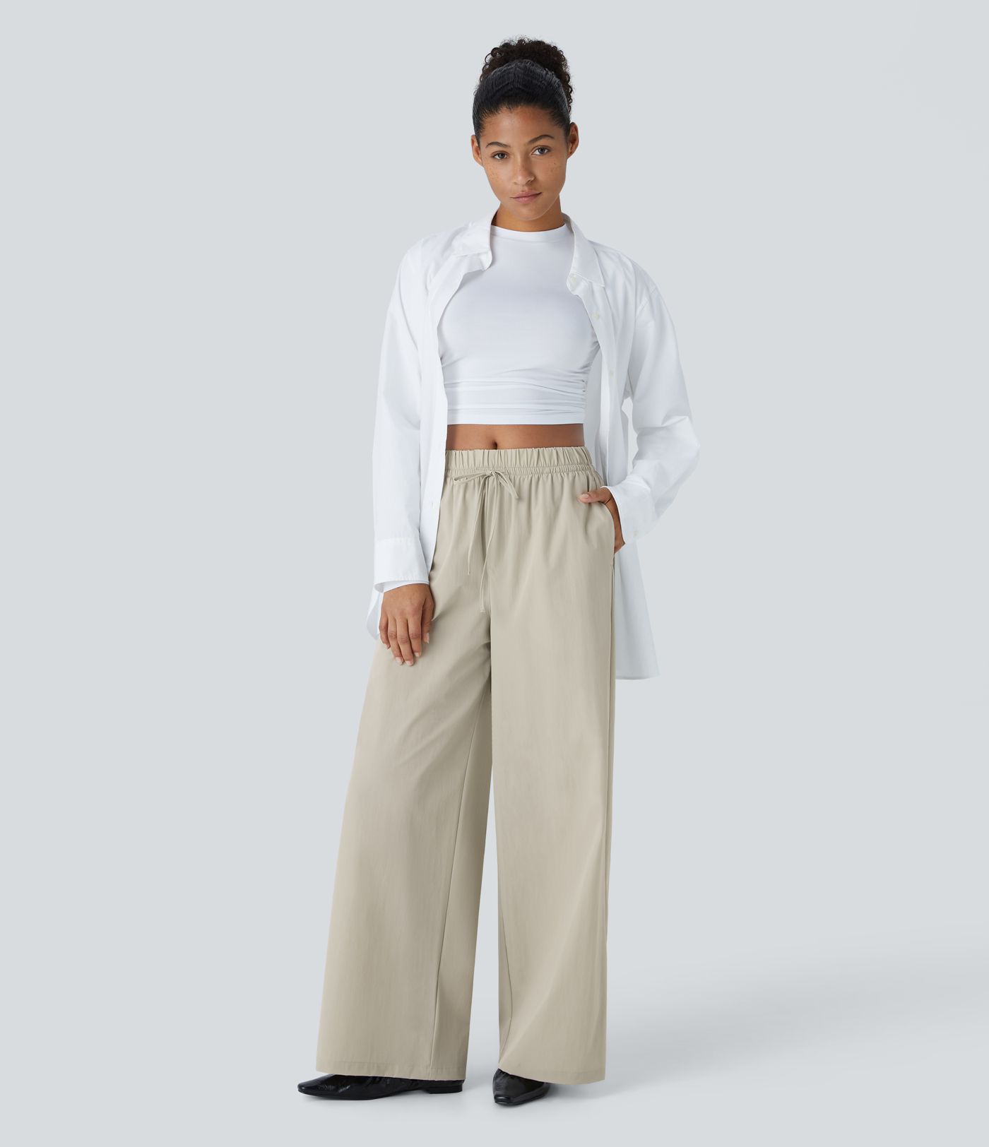 Water Repellent High Waisted Drawstring Side Pocket Wide Leg Work Trousers