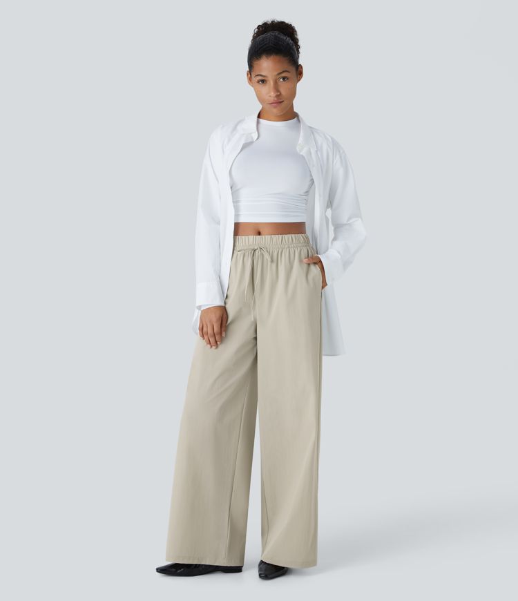 Water Repellent High Waisted Drawstring Side Pocket Wide Leg Work Trousers
