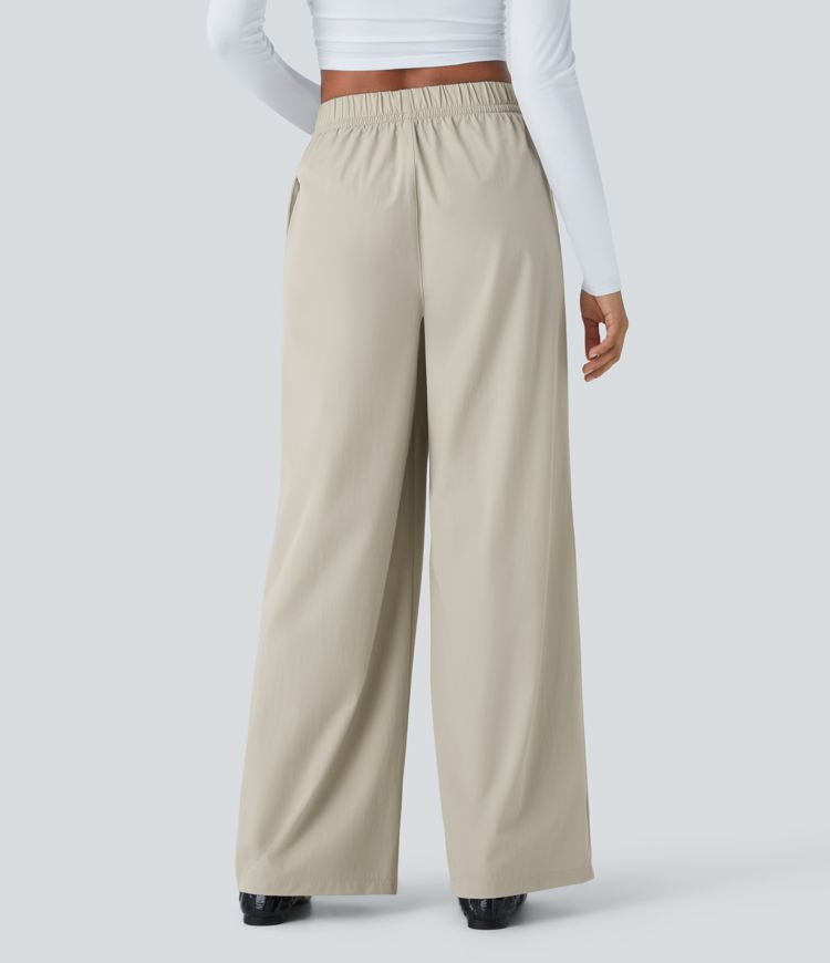 Water Repellent High Waisted Drawstring Side Pocket Wide Leg Work Trousers