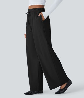 Water Repellent High Waisted Drawstring Side Pocket Wide Leg Work Trousers