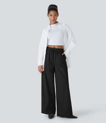 Water Repellent High Waisted Drawstring Side Pocket Wide Leg Work Trousers