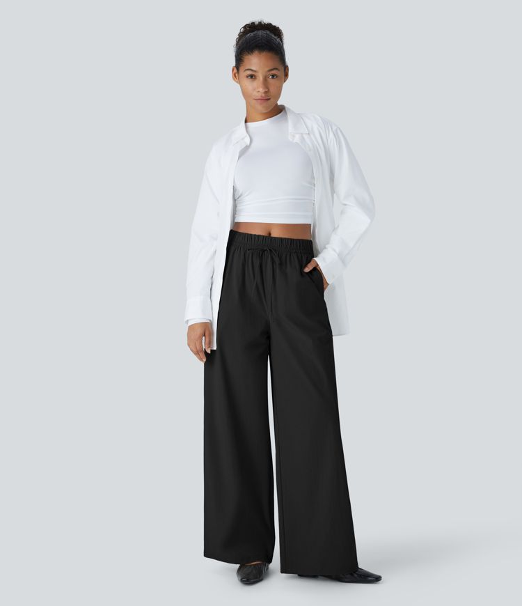 Water Repellent High Waisted Drawstring Side Pocket Wide Leg Work Trousers