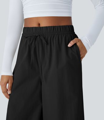 Water Repellent High Waisted Drawstring Side Pocket Wide Leg Work Trousers