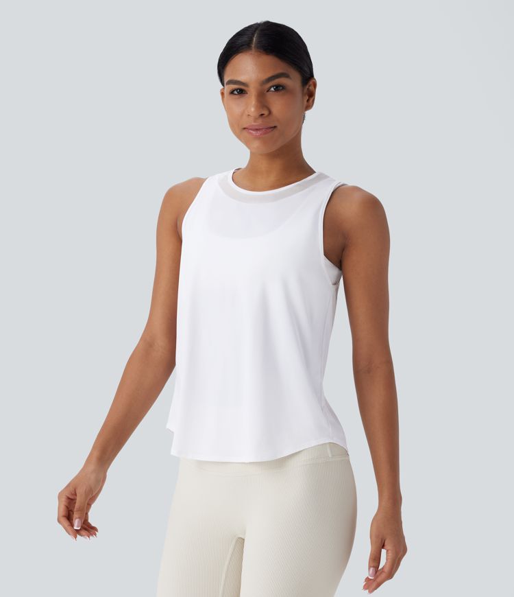 Contrast Mesh Curved Hem Cool Touch Quick Dry Running Tank Top