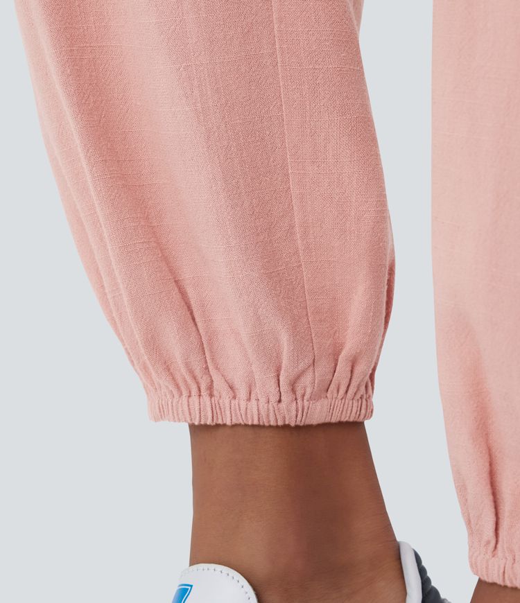 High Waisted Pocket Linen-blend Casual Joggers