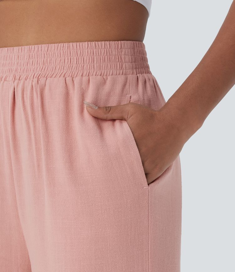 High Waisted Pocket Linen-blend Casual Joggers