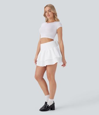 High Waisted Tie Back Shirred Tiered Mini Casual Skirt