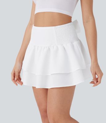 High Waisted Tie Back Shirred Tiered Mini Casual Skirt