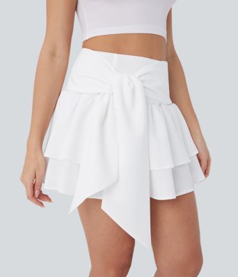 High Waisted Tie Back Shirred Tiered Mini Casual Skirt