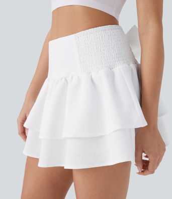 High Waisted Tie Back Shirred Tiered Mini Casual Skirt