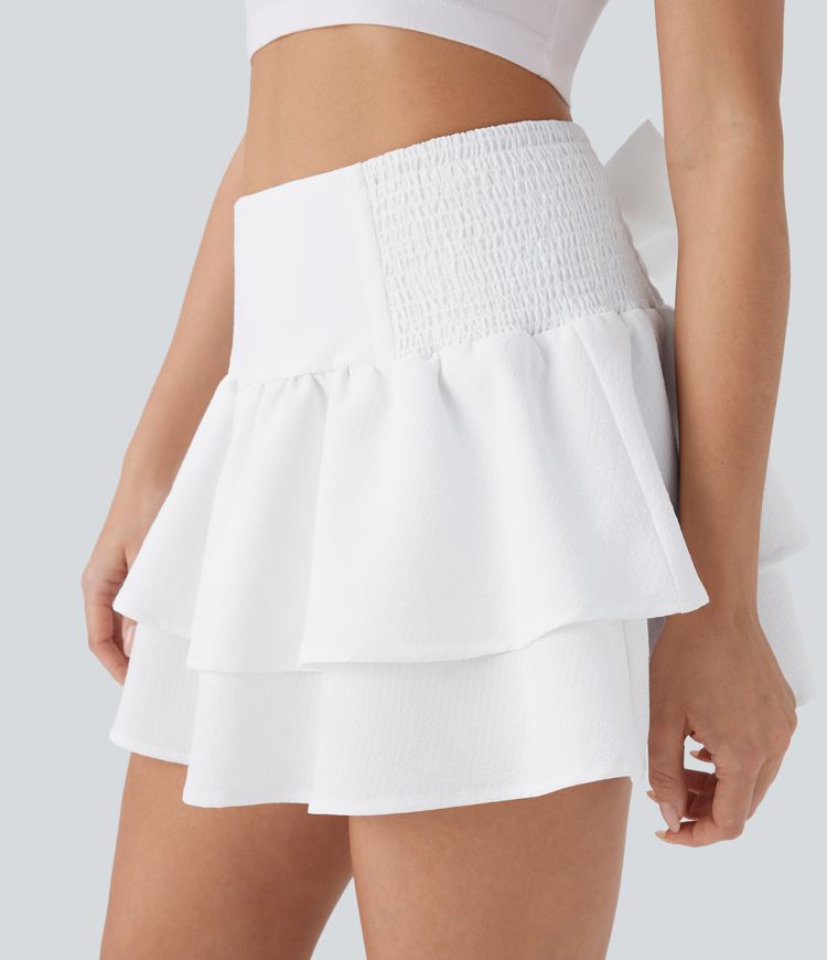 High Waisted Tie Back Shirred Tiered Mini Casual Skirt
