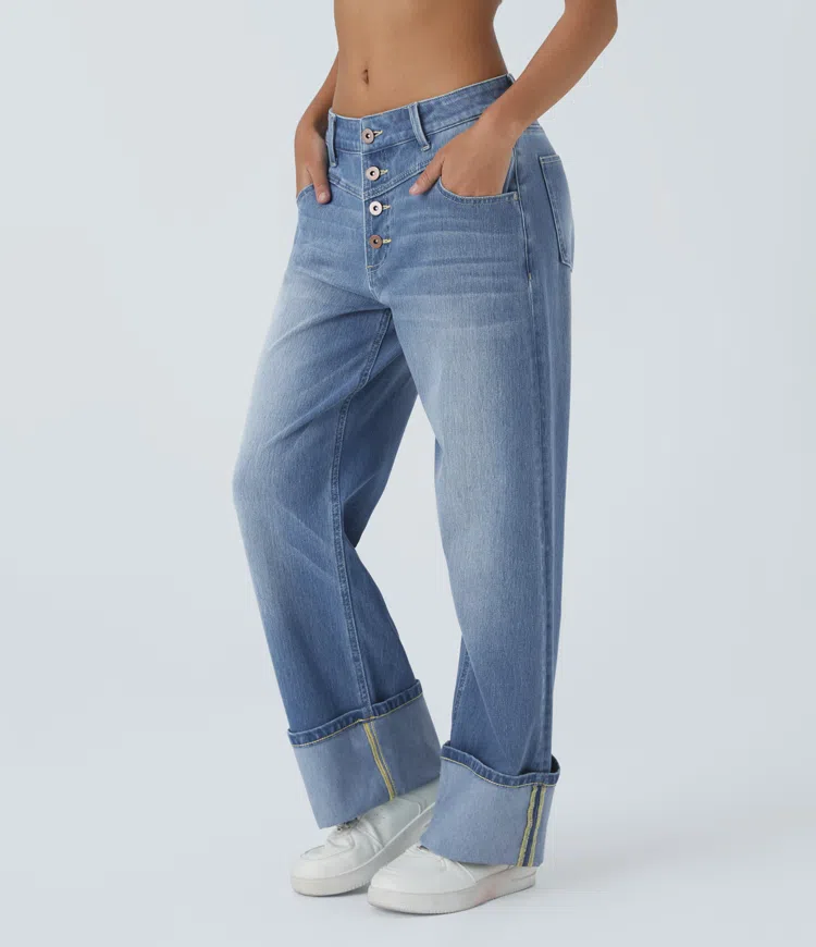 Jeans Halara Flex™ Denim Boyfriend elástico lavado dobladillo enrollado múltiple bolsillo botón tiro bajo