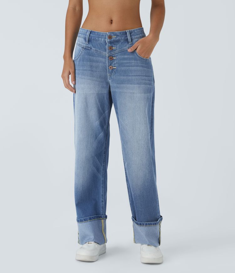 Jean boyfriend décontracté Halara Flex™ taille basse en jersey délavé extensible avec boutons, multi-poches et revers