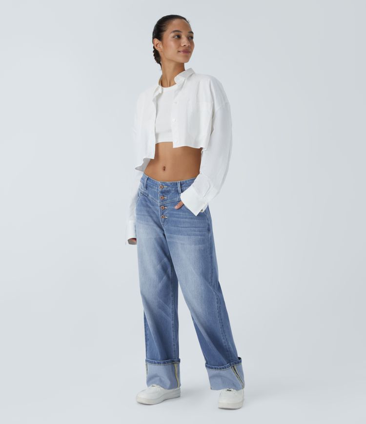 Jean boyfriend décontracté Halara Flex™ taille basse en jersey délavé extensible avec boutons, multi-poches et revers