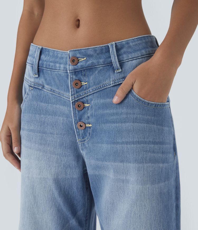 Jean boyfriend décontracté Halara Flex™ taille basse en jersey délavé extensible avec boutons, multi-poches et revers