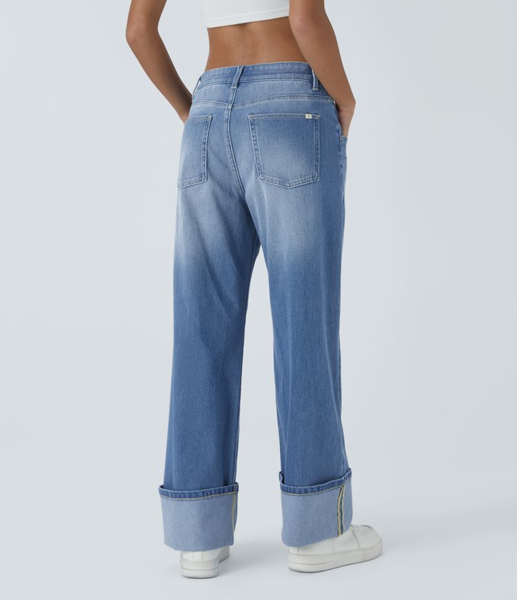 Jean boyfriend décontracté Halara Flex™ taille basse en jersey délavé extensible avec boutons, multi-poches et revers