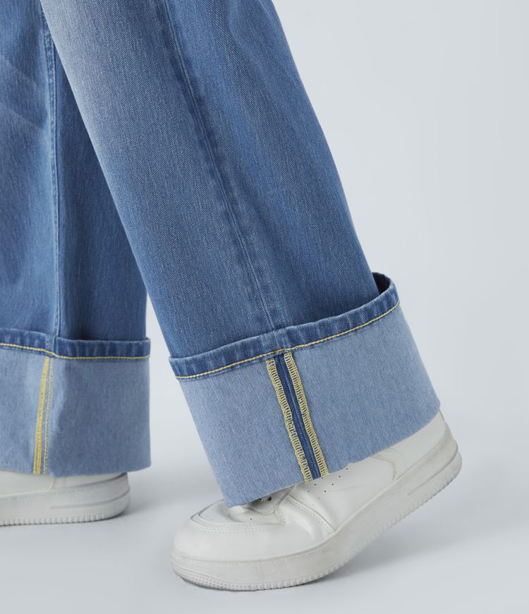 Jean boyfriend décontracté Halara Flex™ taille basse en jersey délavé extensible avec boutons, multi-poches et revers