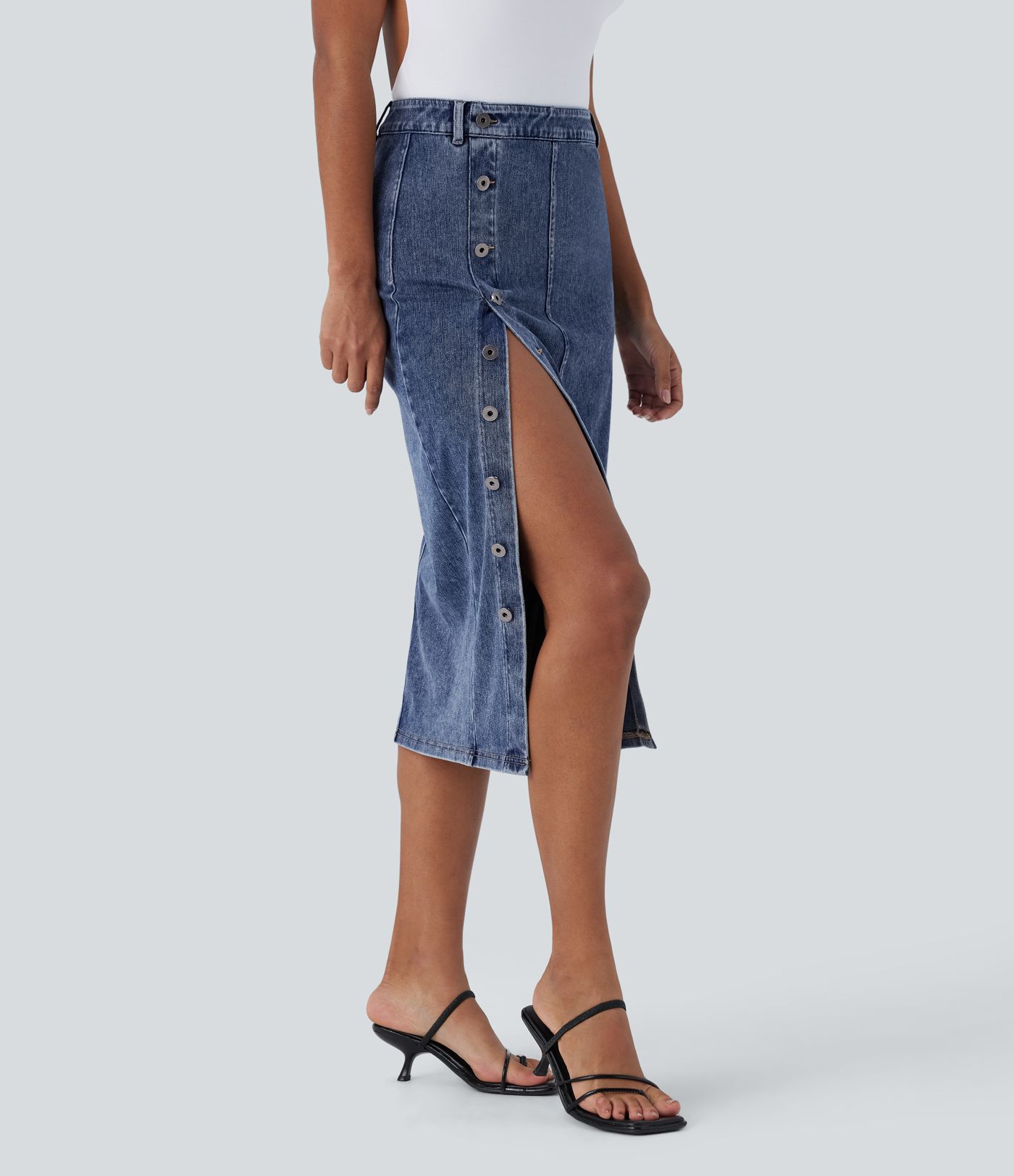 Falda Midi Halara Flex™ Denim elástico lavado botón tiro alto