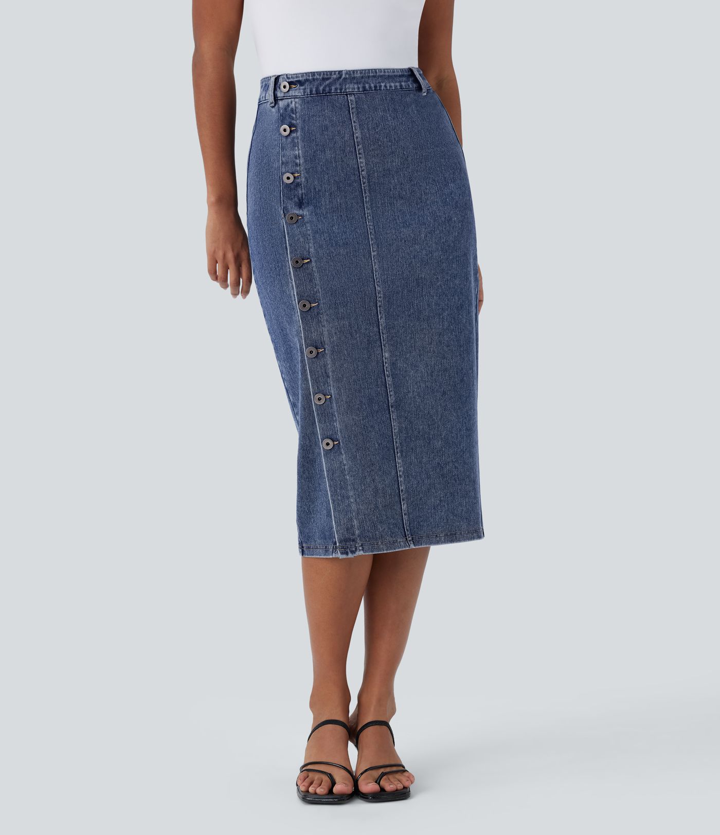 Falda Midi Halara Flex™ Denim elástico lavado botón tiro alto