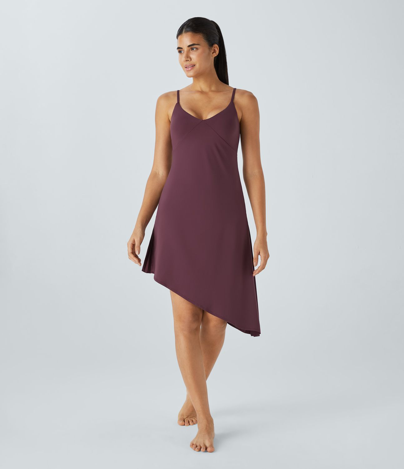 Backless asymmetrical pleated hem midi slip dance active dress