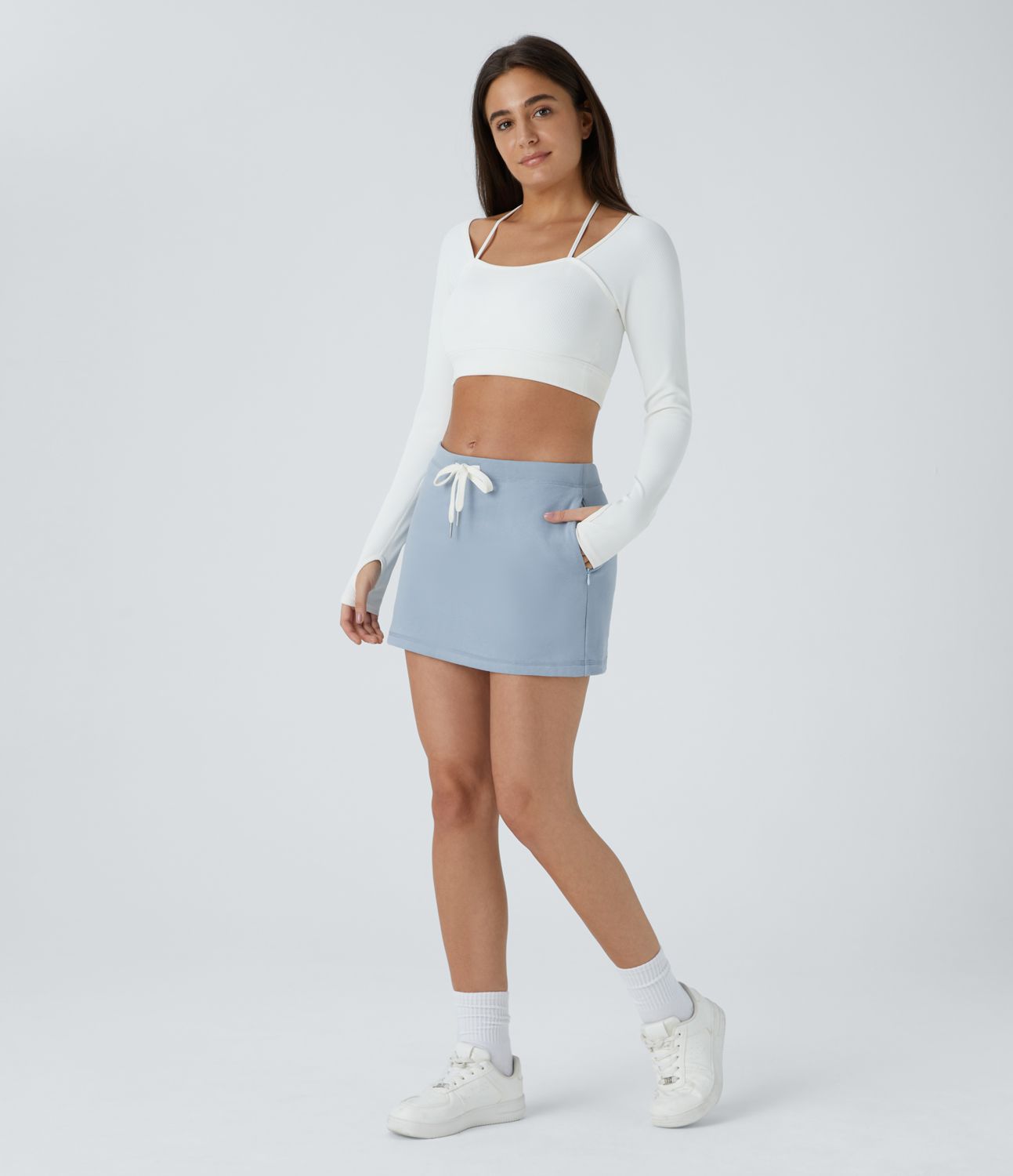 Mid Low Rise Drawstring Side Zip Pocket 2-in-1 Mini Casual Cotton Skirt