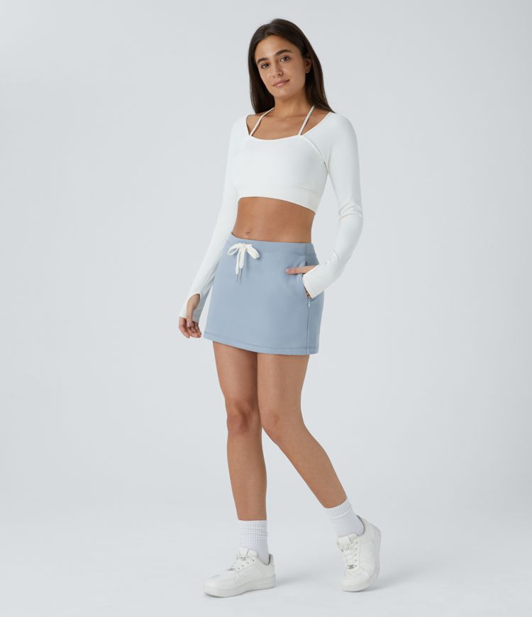 Mid Low Rise Drawstring Side Zip Pocket 2-in-1 Mini Casual Cotton Skirt