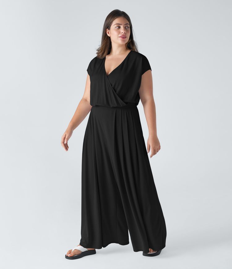 V Neck Short Sleeve Pocket Wide Leg Flowy Waffle Casual Plus Size Jumpsuit