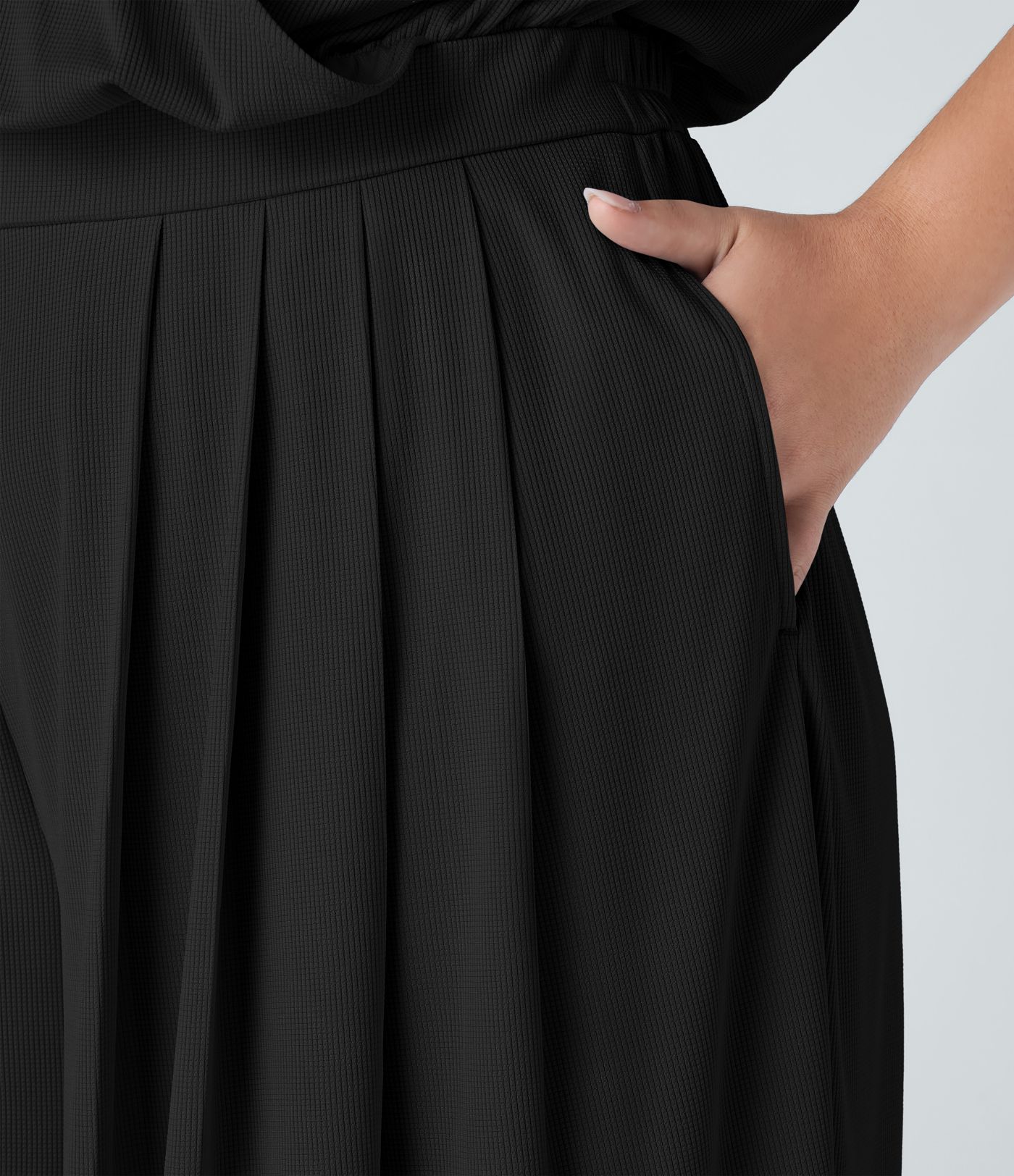 V Neck Short Sleeve Pocket Wide Leg Flowy Waffle Casual Plus Size Jumpsuit