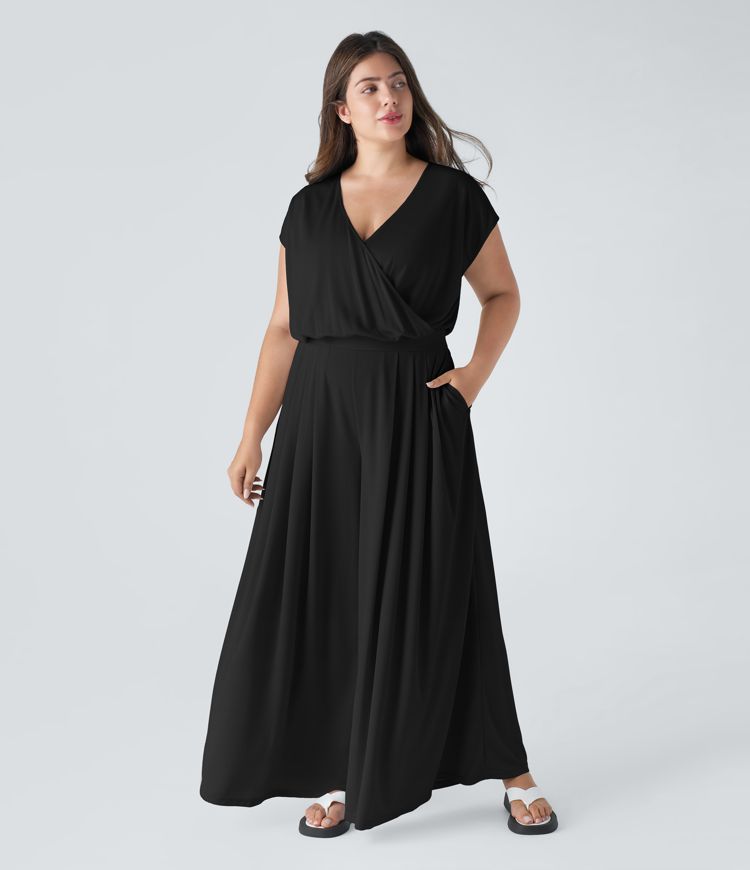 V Neck Short Sleeve Pocket Wide Leg Flowy Waffle Casual Plus Size Jumpsuit