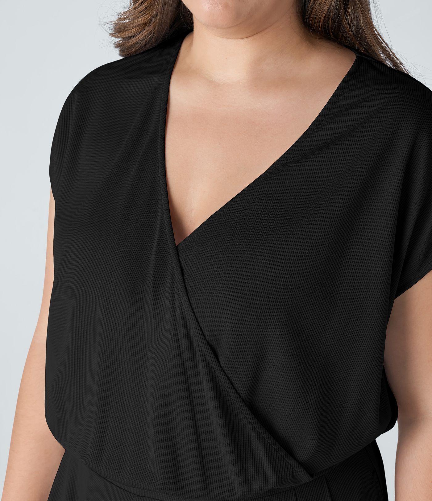 V Neck Short Sleeve Pocket Wide Leg Flowy Waffle Casual Plus Size Jumpsuit