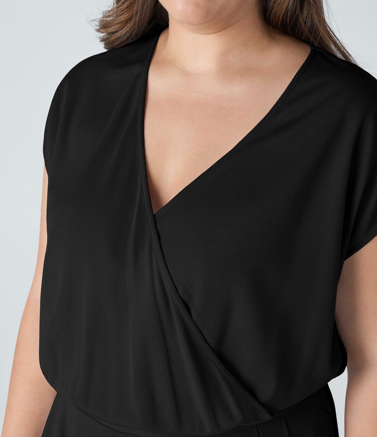 V Neck Short Sleeve Pocket Wide Leg Flowy Waffle Casual Plus Size Jumpsuit