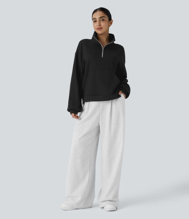 Rib knit stand-up collar half zip long sleeve kangaroo pocket split casual sweatshirt